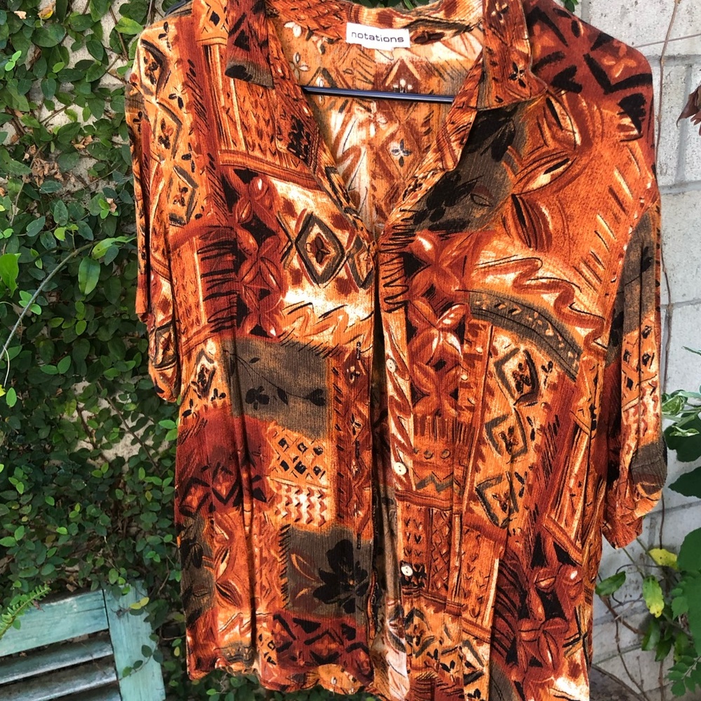Notations Rust and Brown Patterned Button-Up Top